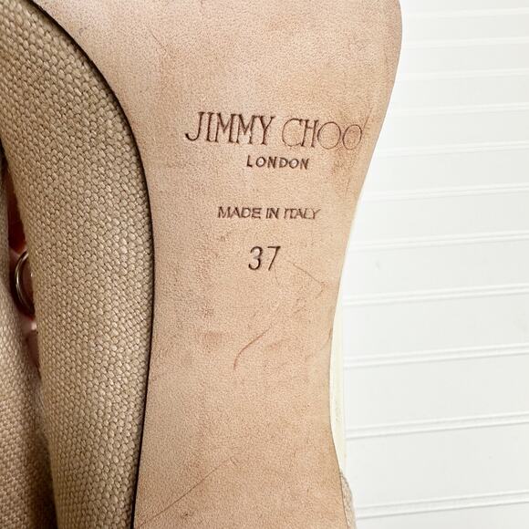 Jimmy Choo Cass Pumps 37 Tan Linen Clear Vinyl Stiletto Heels Wedding Bridal - Picture 5 of 12